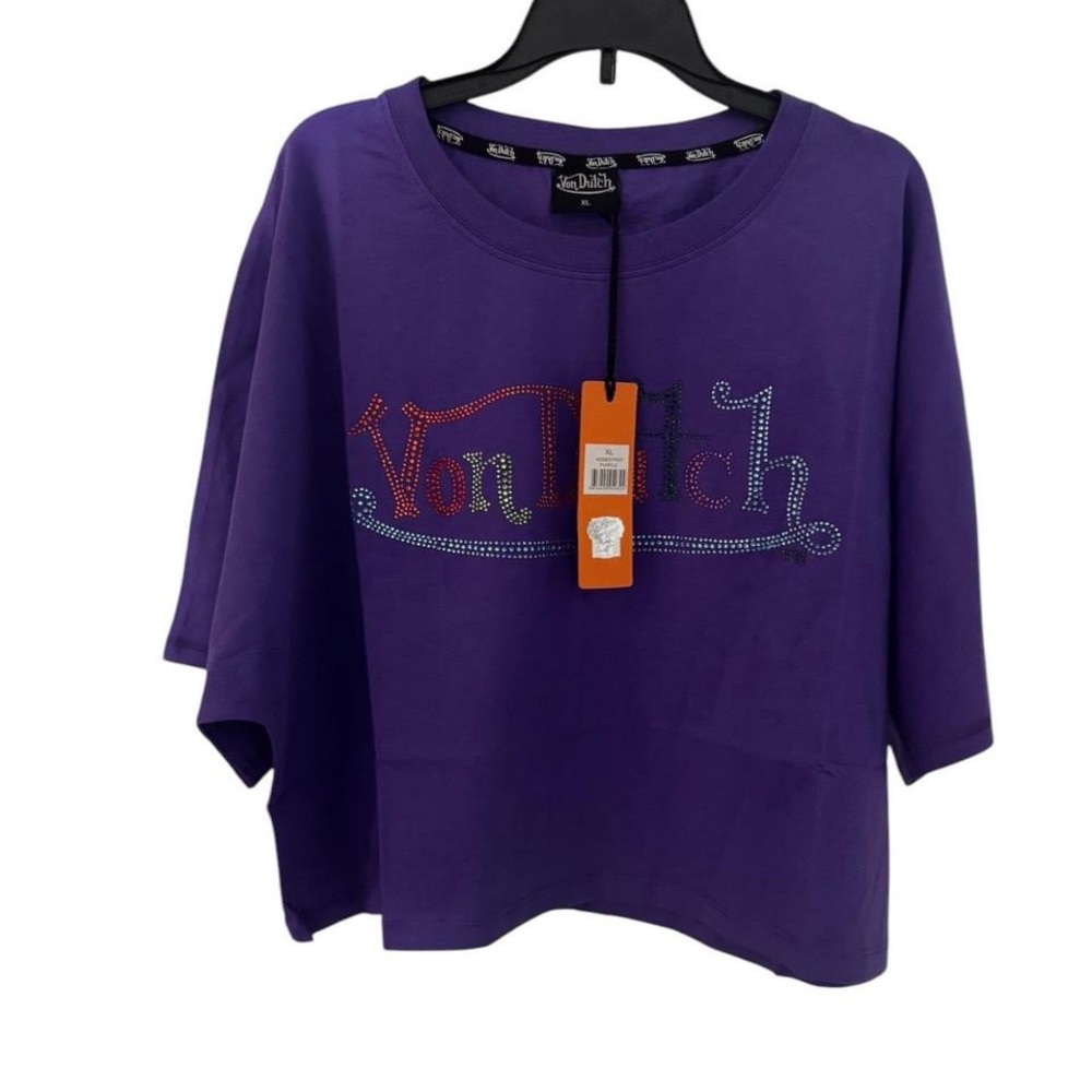 Von Dutch Women Rhinestone Purple Rainbow Crop Top size xl